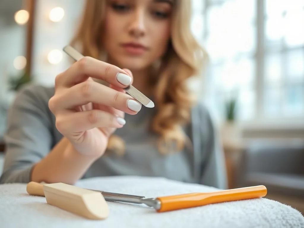 Kobieta używa pilnika do usuwania lakieru hybrydowego, a obok na ręczniku leżą profesjonalne akcesoria do manicure.