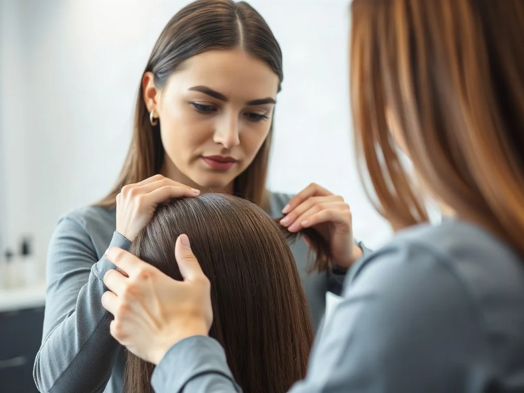Stylistka precyzyjnie mocuje pasma włosów podczas profesjonalnego zabiegu laserowego przedłużania w nowoczesnym salonie.