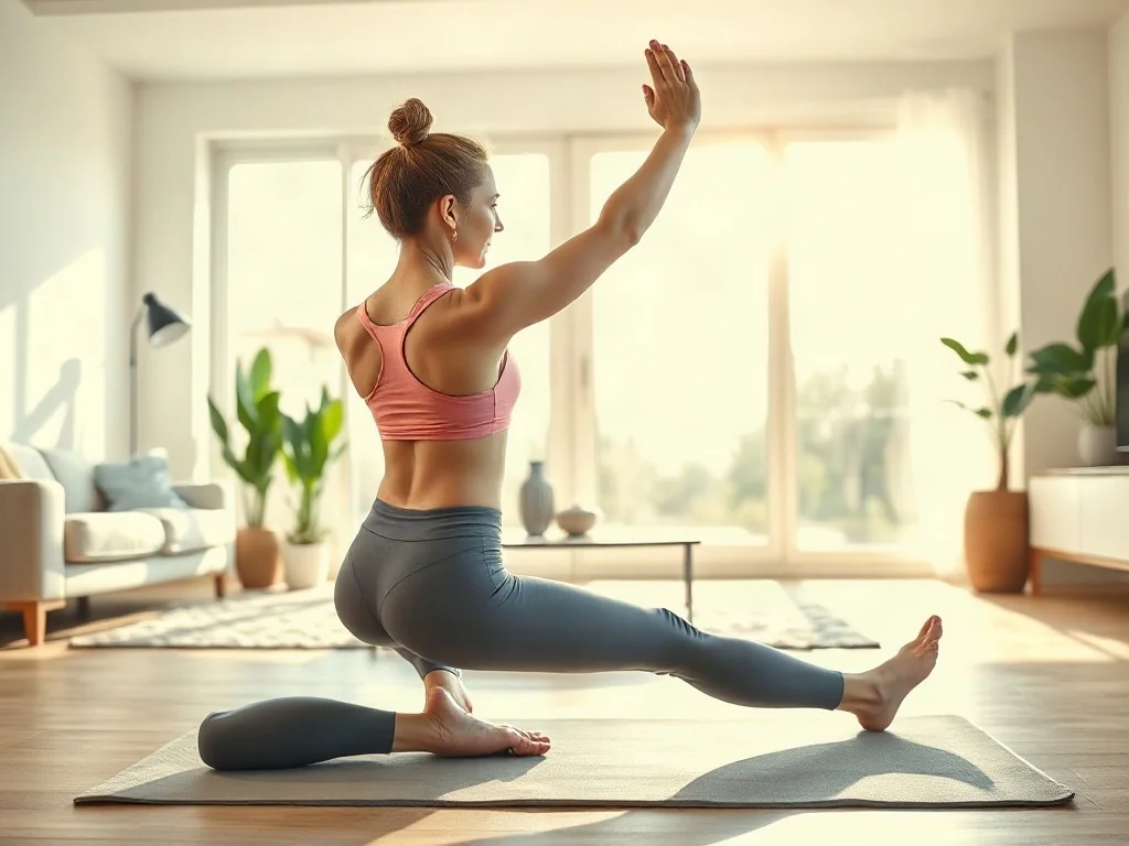 Kobieta wykonuje ćwiczenia pilates na macie w jasnym, nowoczesnym salonie wypełnionym światłem dziennym.